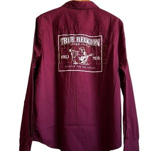 True Religion NEW Large Button Down Burgundy Cotton Spell Out Back Mens Shirt